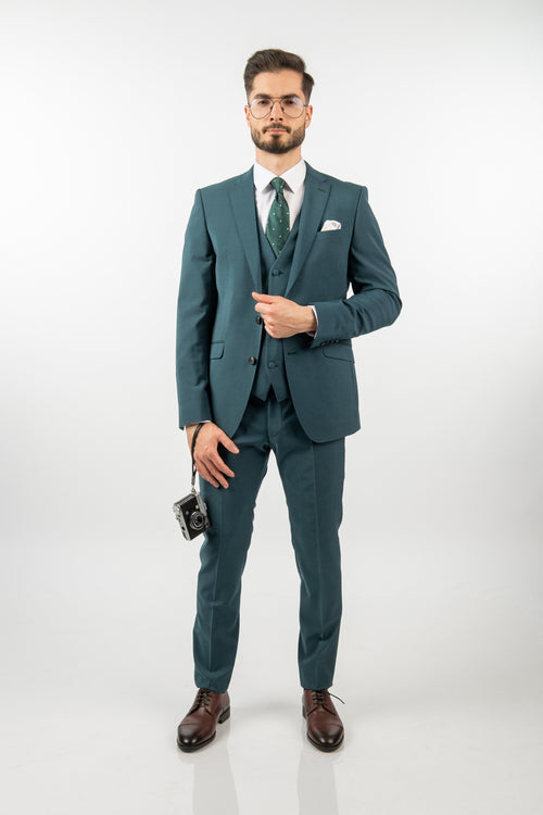 Costum Bărbați Turquoise Premium din Lână în Trei Piese