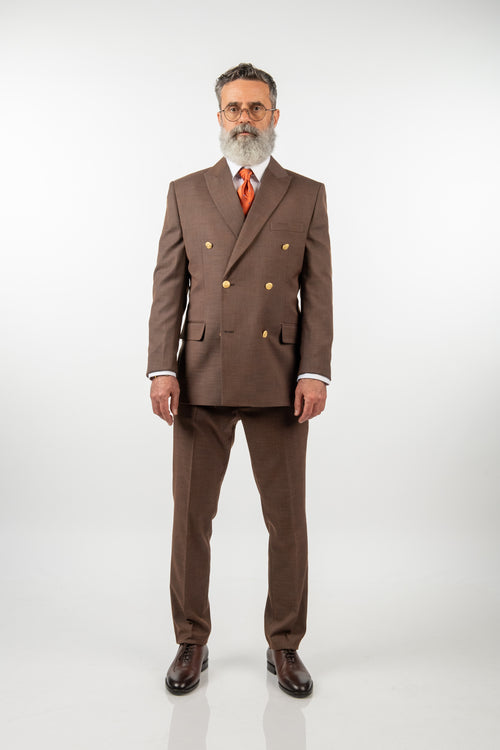 Costum Bărbați Maro Elegant la Două Rânduri de Nasturi