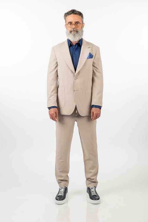 Costum Bărbați Crem Creponat din Țesătură Tehnică
