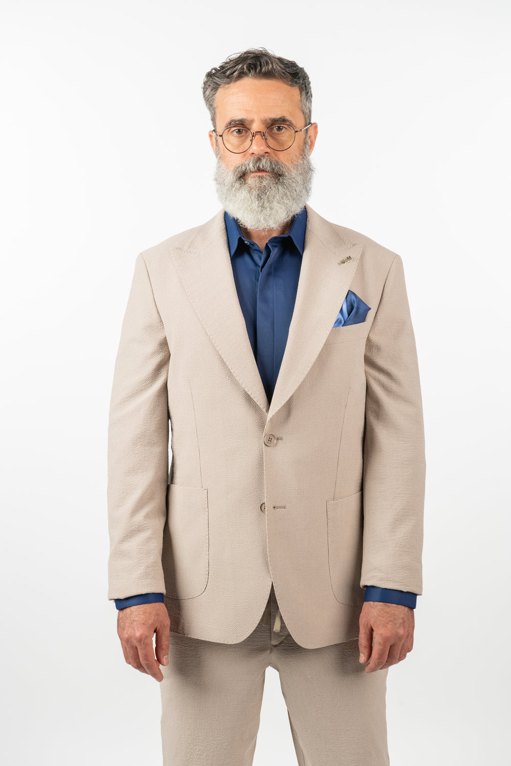 Costum Bărbați Crem Creponat din Țesătură Tehnică