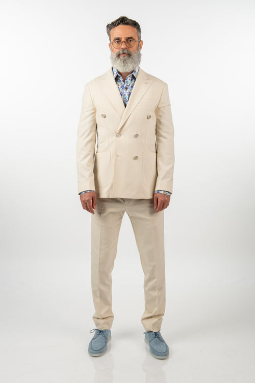 Costum Bărbați Crem Sport la Două Rânduri de Nasturi