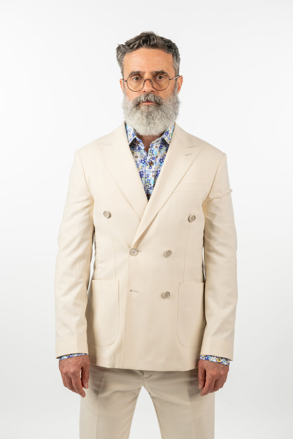 Costum Bărbați Crem Sport la Două Rânduri de Nasturi