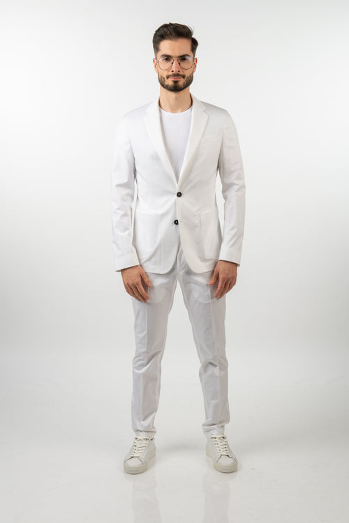 Costum Bărbați Alb din Bumbac cu Sacou la Un Rând de Nasturi