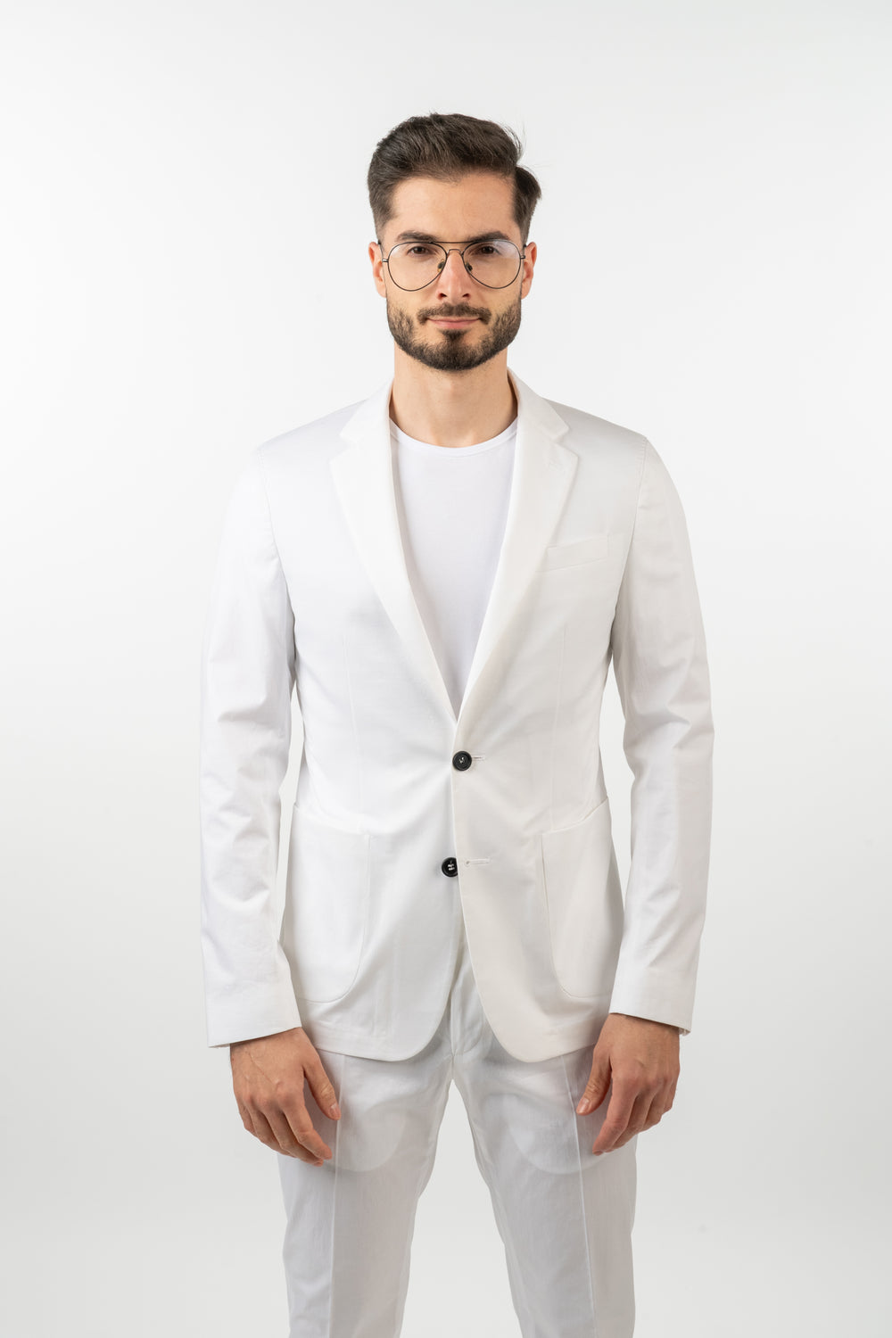 Costum Bărbați Alb din Bumbac cu Sacou la Un Rând de Nasturi