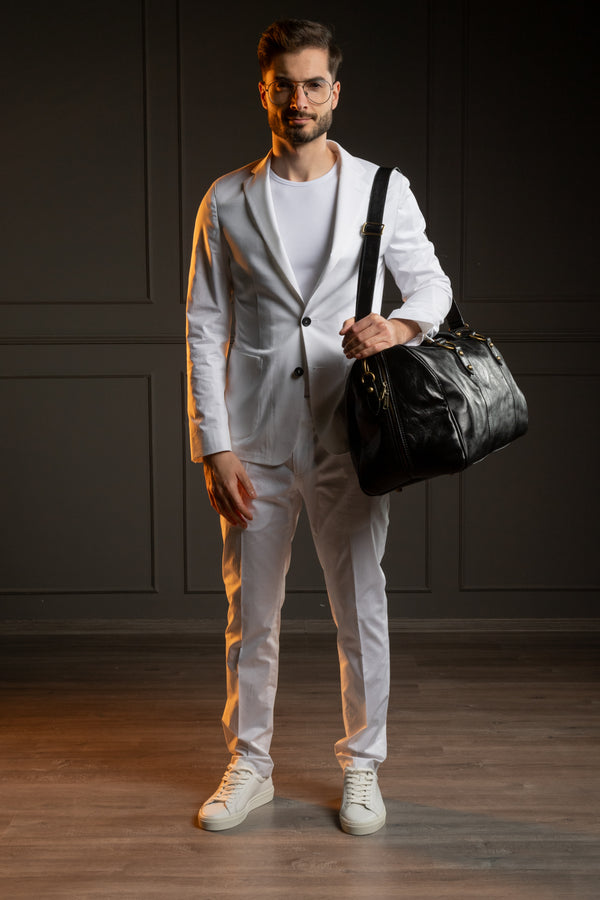 Costum Bărbați Alb din Bumbac cu Sacou la Un Rând de Nasturi