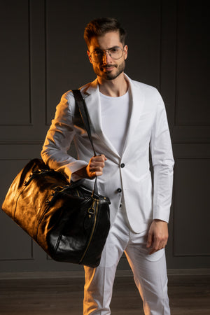 Costum Bărbați Alb din Bumbac cu Sacou la Un Rând de Nasturi