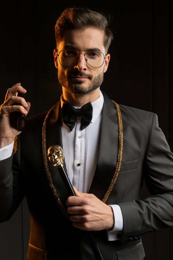 Costum Ceremonie - Negru cu Rever Personalizat Auriu