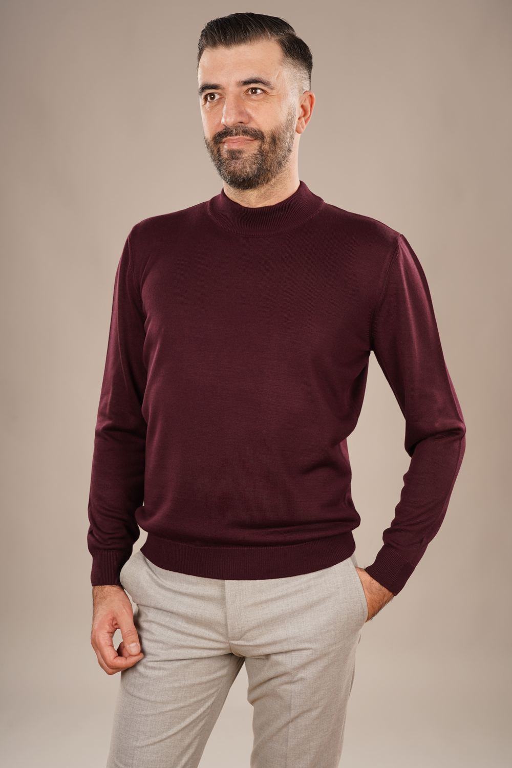 Pulover Bărbați Bordo cu Guler Înalt