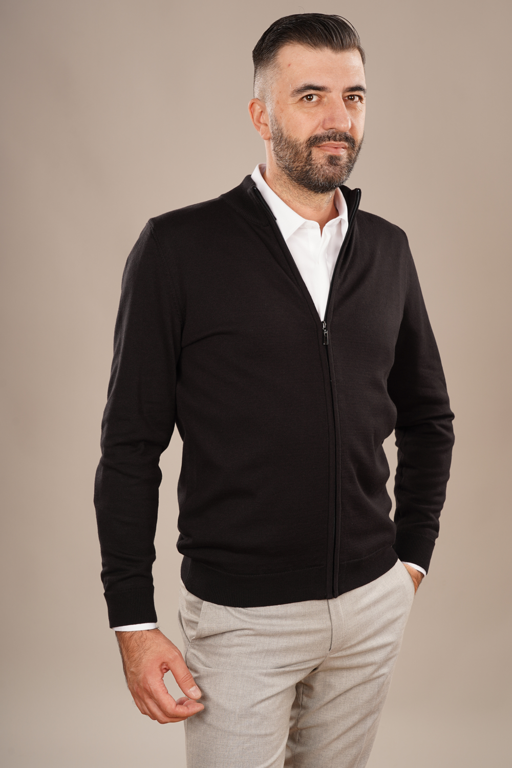 Pulover Bărbați Negru cu Fermoar 100% Bumbac
