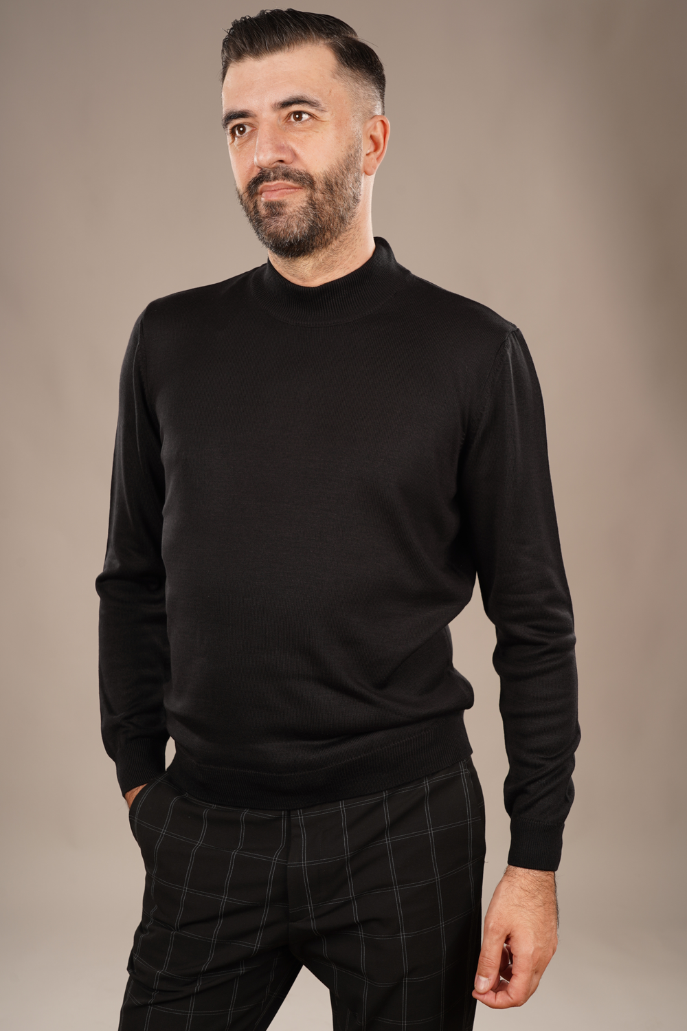 Pulover Bărbați Negru cu Guler Înalt