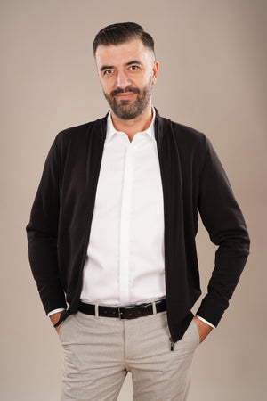 Pulover Bărbați Negru cu Fermoar 100% Bumbac