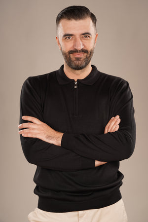 Pulover Bărbați Negru cu Guler Polo și Fermuar