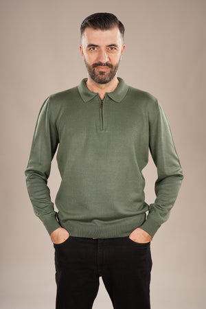 Pulover Bărbați Verde cu Guler Polo și Fermuar