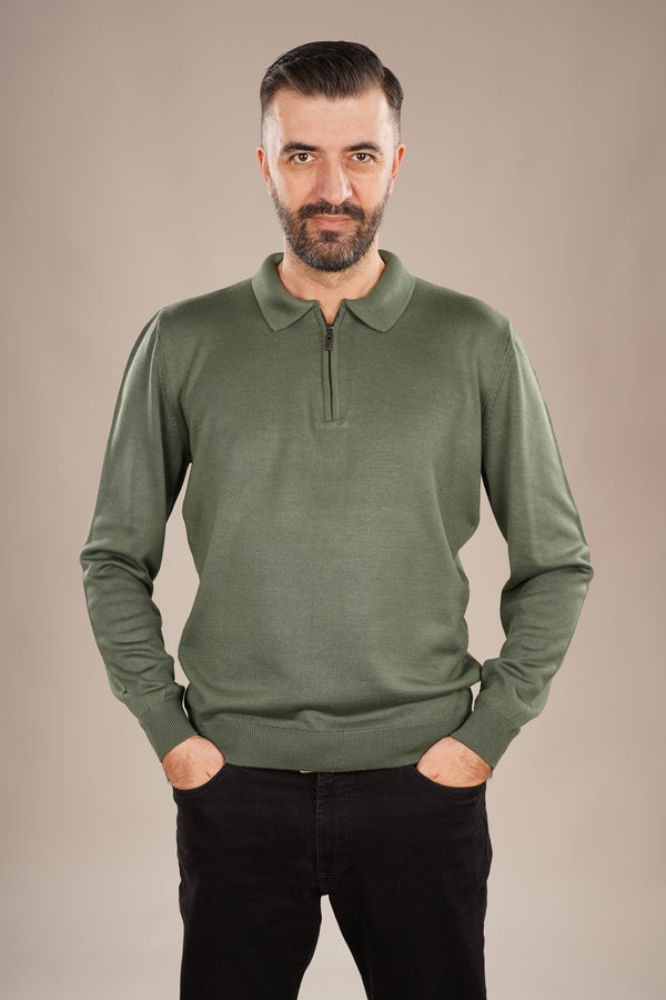 Pulover Bărbați Verde cu Guler Polo și Fermuar