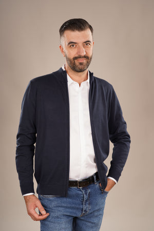 Pulover Bărbați Bleumarin cu Fermoar 100% Bumbac