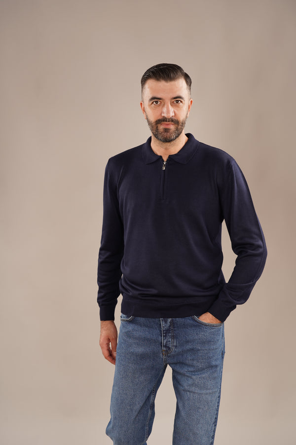 Pulover Bărbați Bleumarin cu Guler Polo și Fermuar