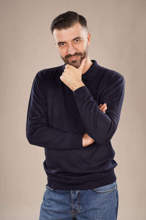 Pulover Bărbați Bleumarin cu Guler Polo și Fermuar