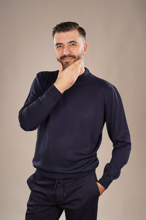 Pulover Bărbați Bleumarin cu Guler Înalt