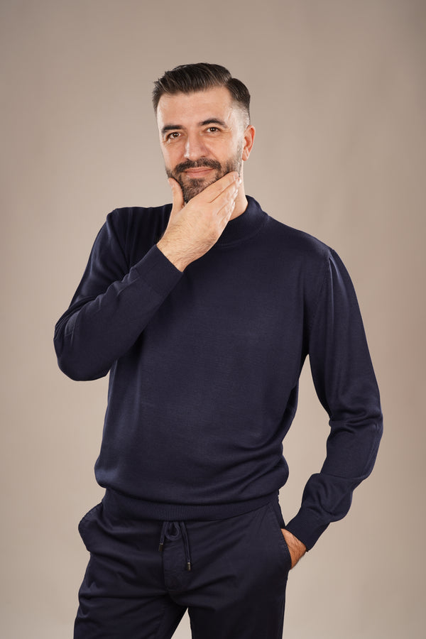 Pulover Bărbați Bleumarin cu Guler Înalt