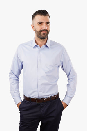 Cămașă Bărbați Albastră din Bumbac cu Nasturi Acoperiți Slim Fit