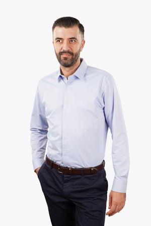 Cămașă Bărbați Albastră din Bumbac cu Nasturi Acoperiți Slim Fit