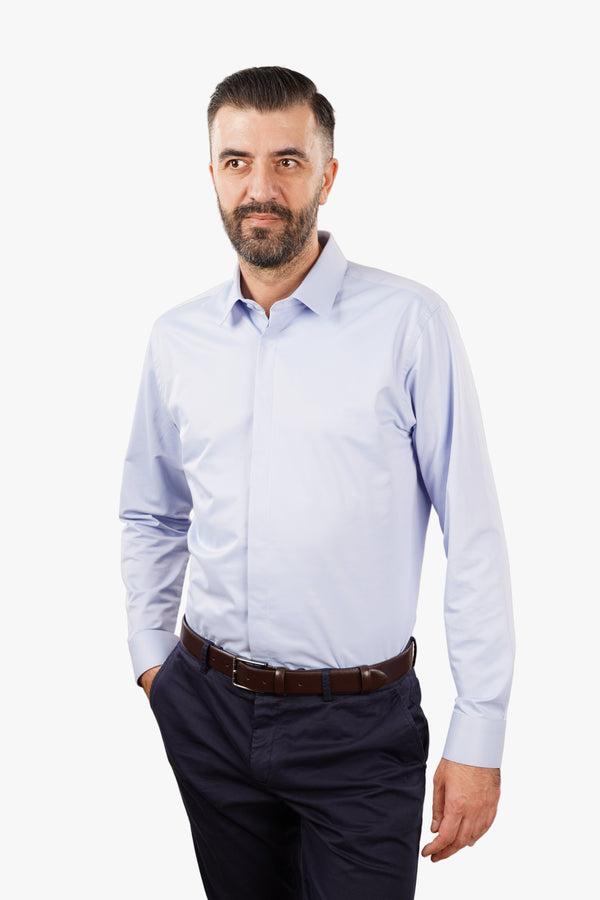 Cămașă Bărbați Albastră din Bumbac cu Nasturi Acoperiți Slim Fit