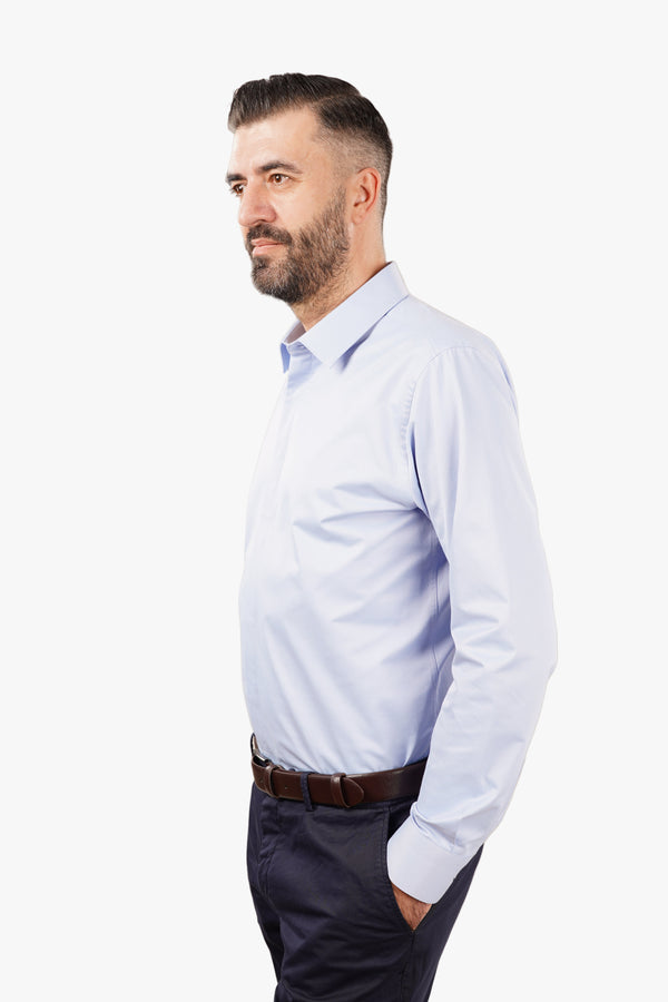 Cămașă Bărbați Albastră din Bumbac cu Nasturi Acoperiți Slim Fit