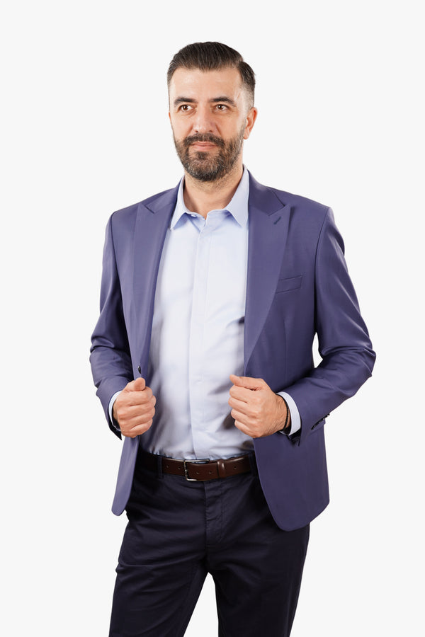 Cămașă Bărbați Albastră din Bumbac cu Nasturi Acoperiți Slim Fit