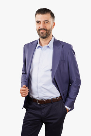 Cămașă Bărbați Albastră din Bumbac cu Nasturi Acoperiți Slim Fit