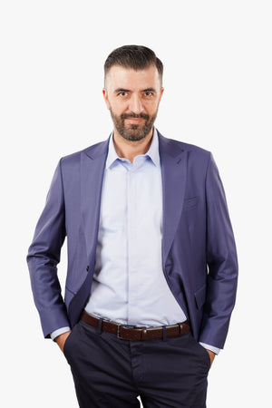 Cămașă Bărbați Albastră din Bumbac cu Nasturi Acoperiți Slim Fit