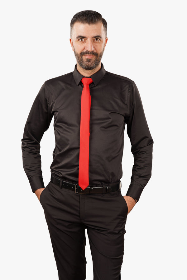 Cămașă Bărbați Neagră din Bumbac cu Nasturi Acoperiți