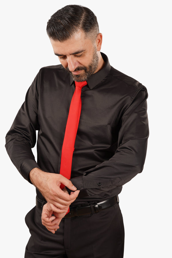 Cămașă Bărbați Neagră din Bumbac cu Nasturi Acoperiți