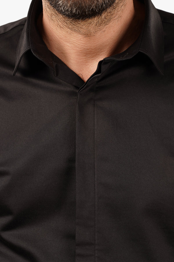 Cămașă Bărbați Neagră din Bumbac cu Nasturi Acoperiți