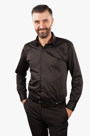 Cămașă Bărbați Neagră din Bumbac cu Nasturi Acoperiți