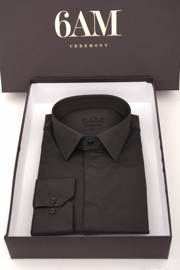 Cămașă Bărbați Neagră din Bumbac cu Nasturi Acoperiți