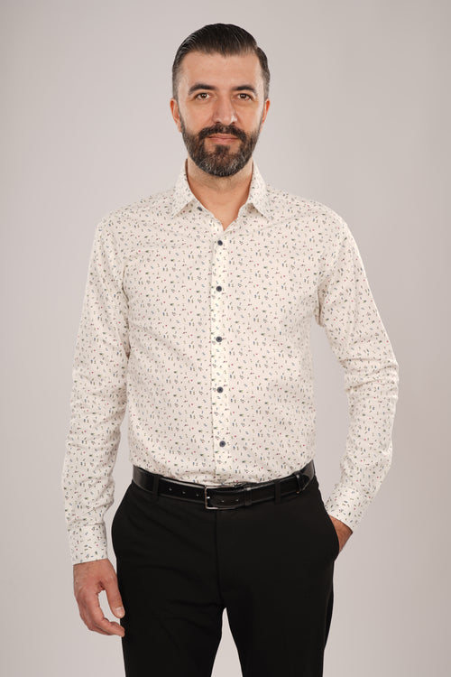 Cămașă Bărbați Albă cu Imprimeu Frunze – 95% Bumbac