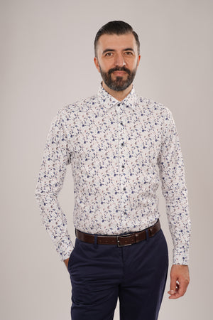 Cămașă Bărbați Albă cu Imprimeu Frunze Albastre – 95% Bumbac