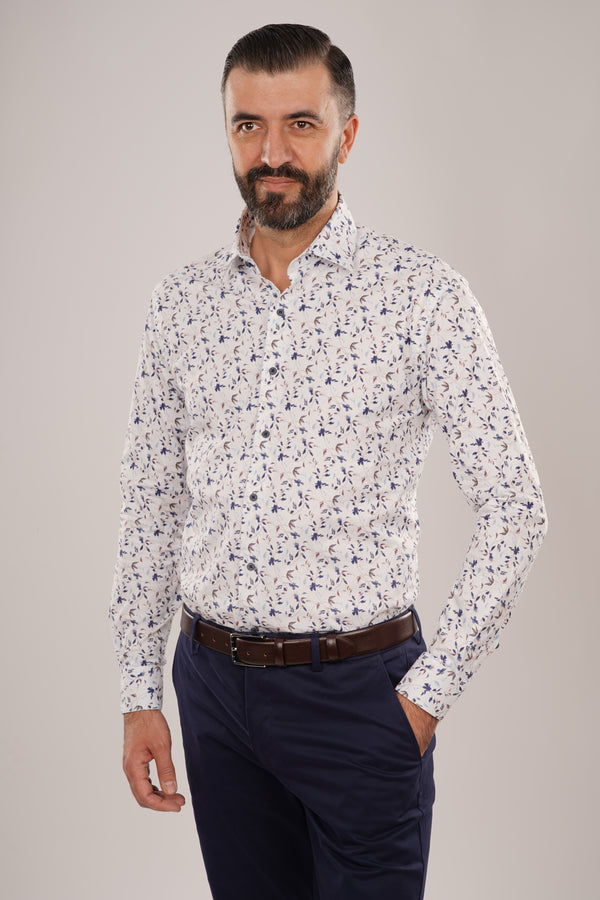 Cămașă Bărbați Albă cu Imprimeu Frunze Albastre – 95% Bumbac