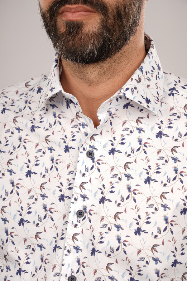 Cămașă Bărbați Albă cu Imprimeu Frunze Albastre – 95% Bumbac