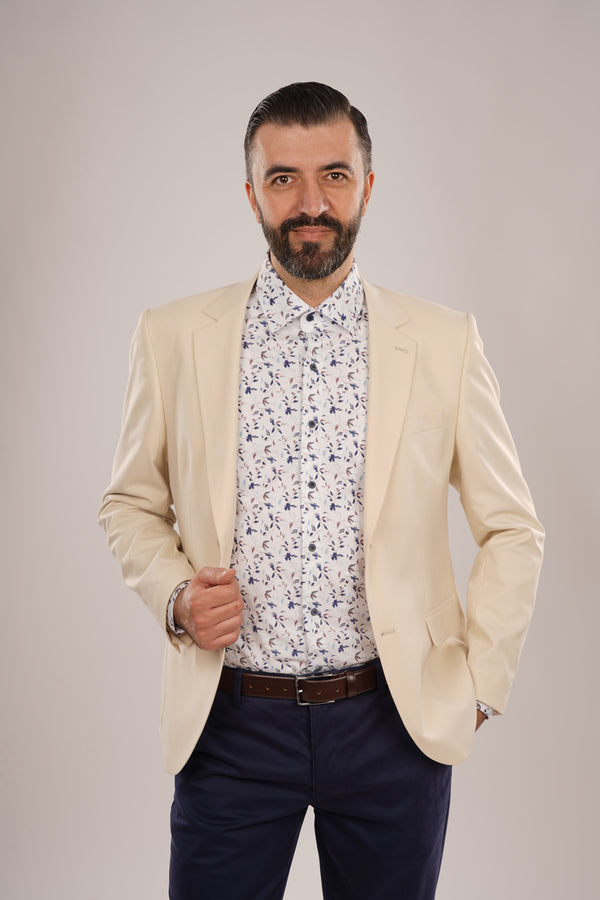 Cămașă Bărbați Albă cu Imprimeu Frunze Albastre – 95% Bumbac