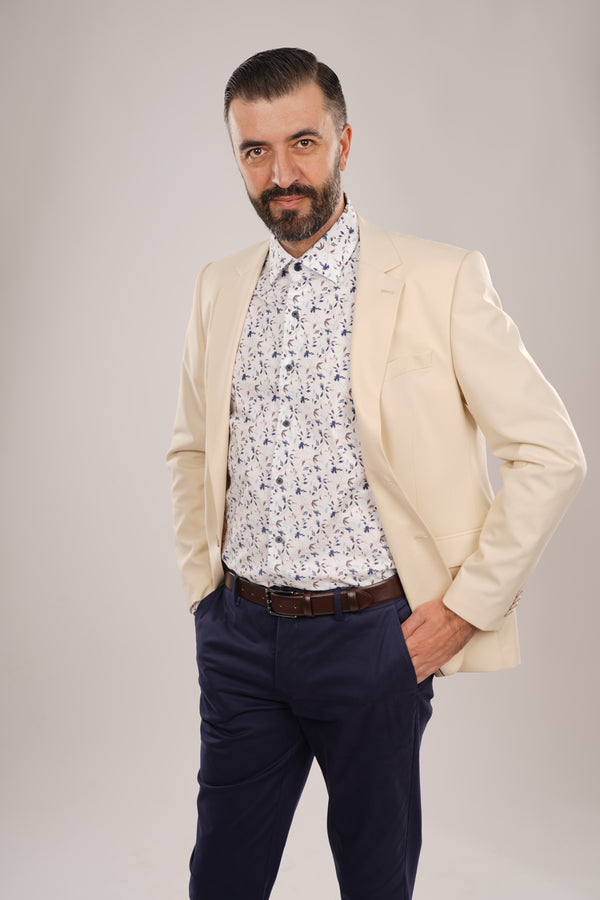 Cămașă Bărbați Albă cu Imprimeu Frunze Albastre – 95% Bumbac