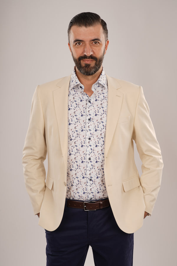 Cămașă Bărbați Albă cu Imprimeu Frunze Albastre – 95% Bumbac