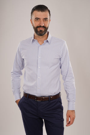 Cămașă Bărbați Alb-Albastru în Dungi – 97% Bumbac