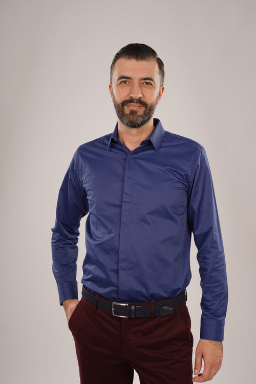 Cămașă Bărbați Albastru Uni – 97% Bumbac