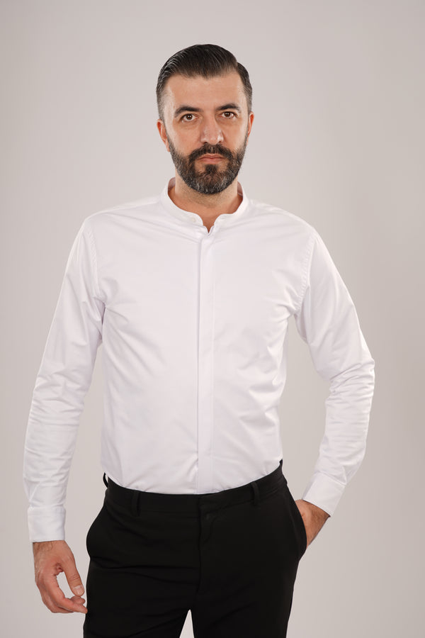 Cămașă Bărbați Albă cu Guler Tunică – 97% Bumbac