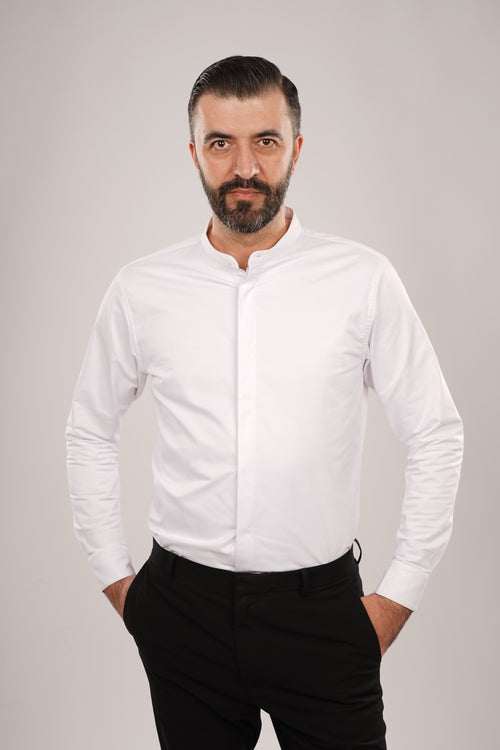 Cămașă Bărbați Albă cu Guler Tunică – 97% Bumbac