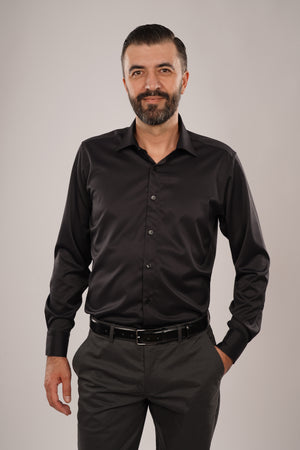 Cămașă Bărbați Neagră Uni – 100% Bumbac Elastic Superfin