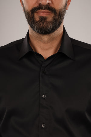 Cămașă Bărbați Neagră Uni – 100% Bumbac Elastic Superfin