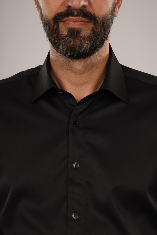 Cămașă Bărbați Neagră Uni – 100% Bumbac Elastic Superfin