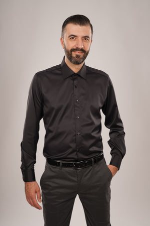 Cămașă Bărbați Neagră Uni – 100% Bumbac Elastic Superfin